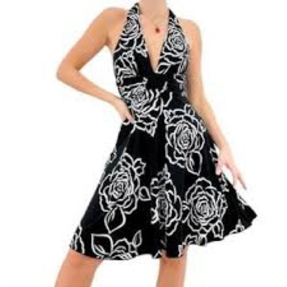 Y2K Srilanka dress black/white floral pattern, halter, backless, size L junior